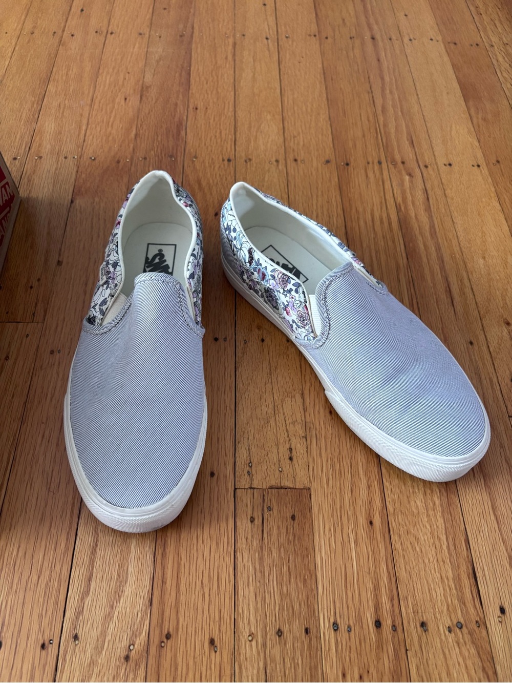 Vans Slip-On Sneakers in Light Denim Stripe with Floral Trim